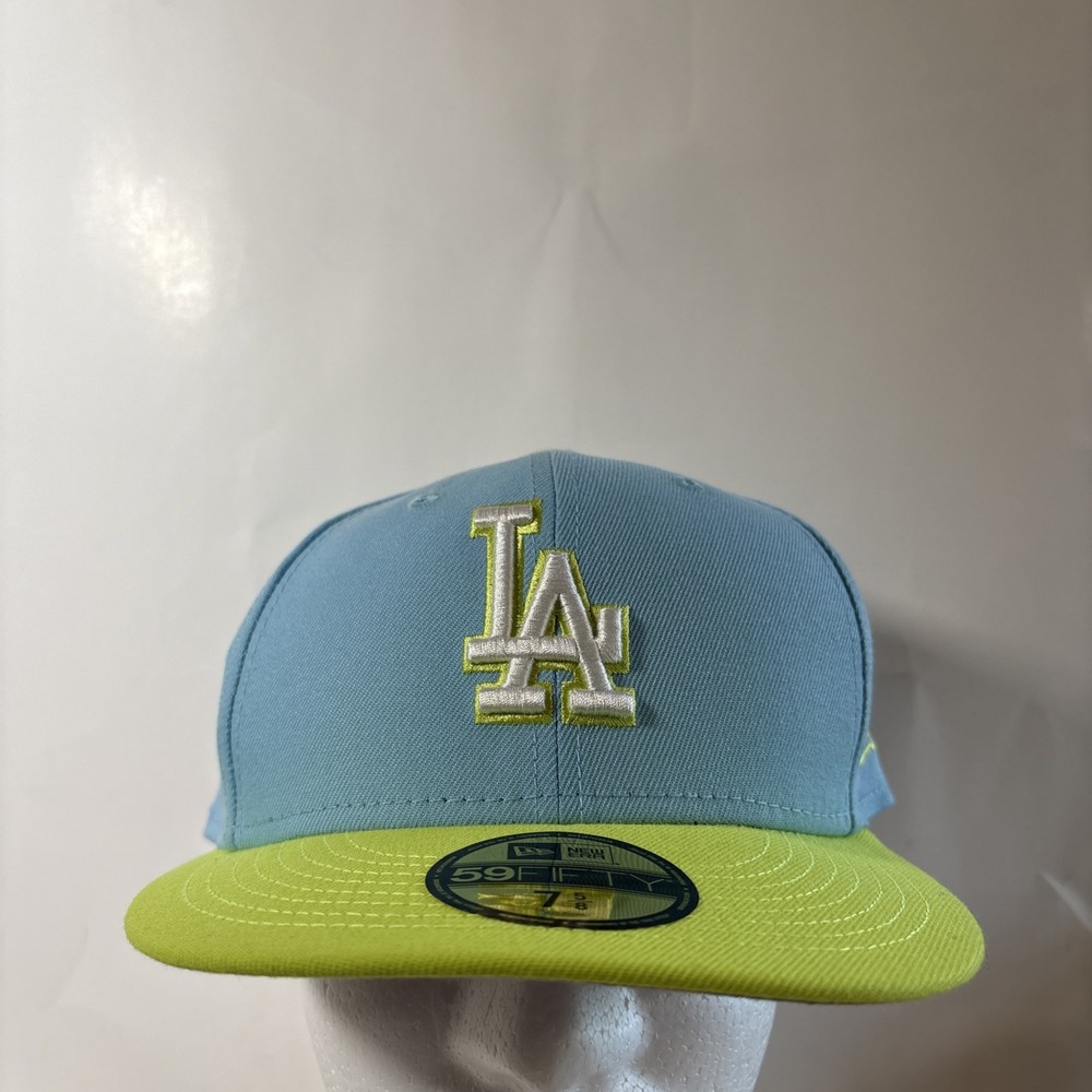 New Era 59FIFTY Los Angeles Dodgers Blue &‎ Lime MLB Fitted Hat NEW 7 5/8